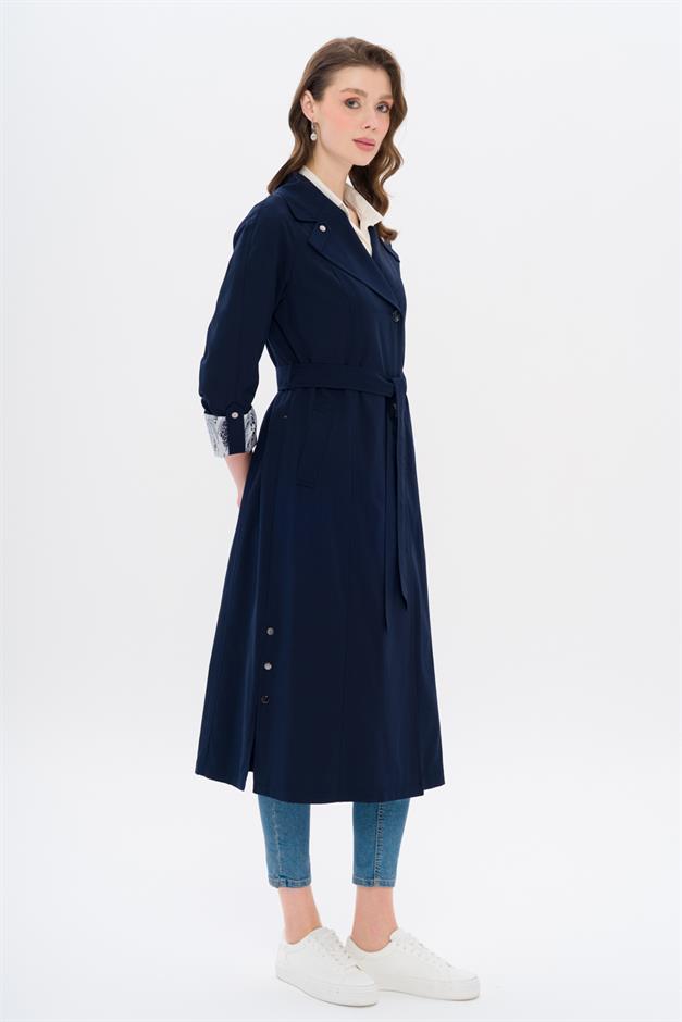 Half-Lined Trench Coat with Leopard Pattern Detail NAVY 6713