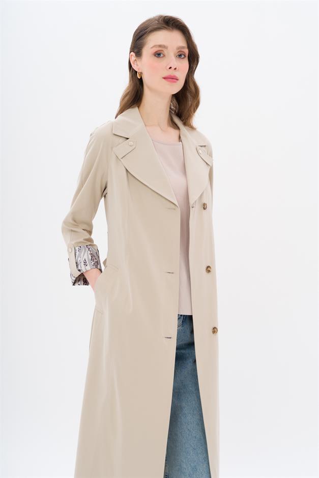 Half-Lined Trench Coat with Leopard Pattern Detail STONE 6713