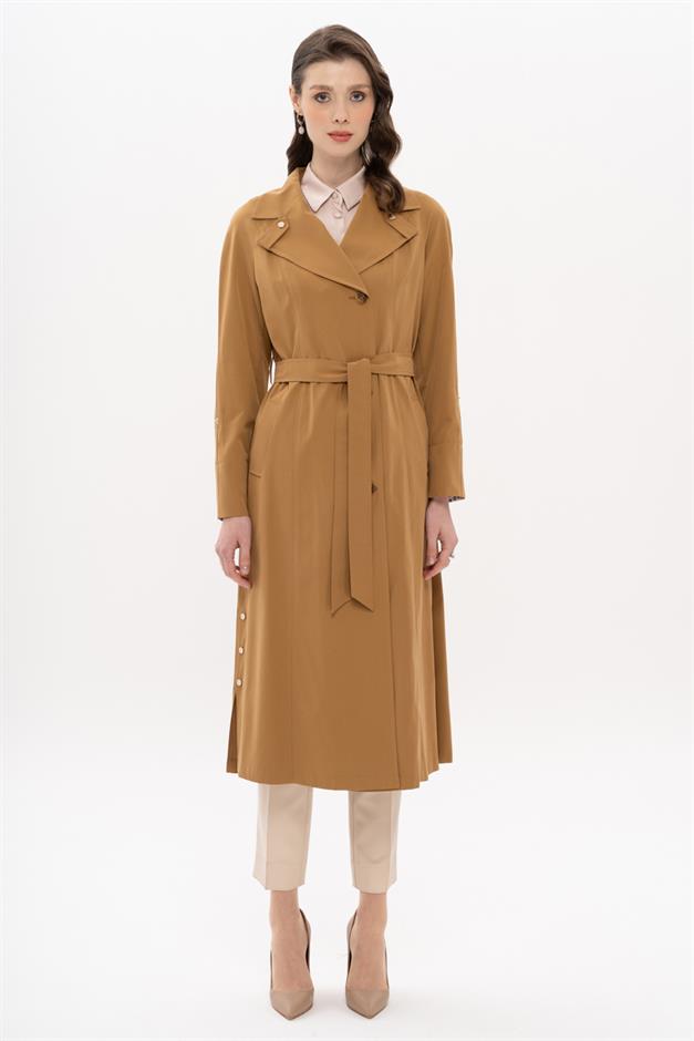 Half-Lined Trench Coat with Leopard Pattern Detail CAMEL 6713