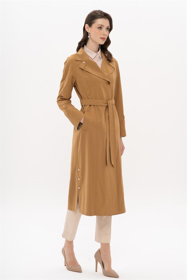 Half-Lined Trench Coat with Leopard Pattern Detail CAMEL 6713