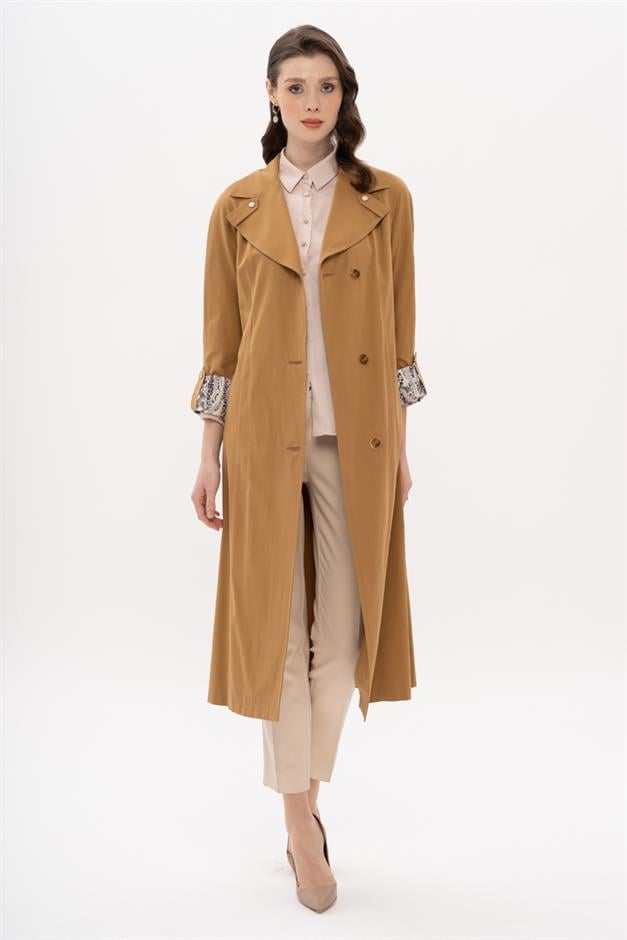 Half-Lined Trench Coat with Leopard Pattern Detail CAMEL 6713