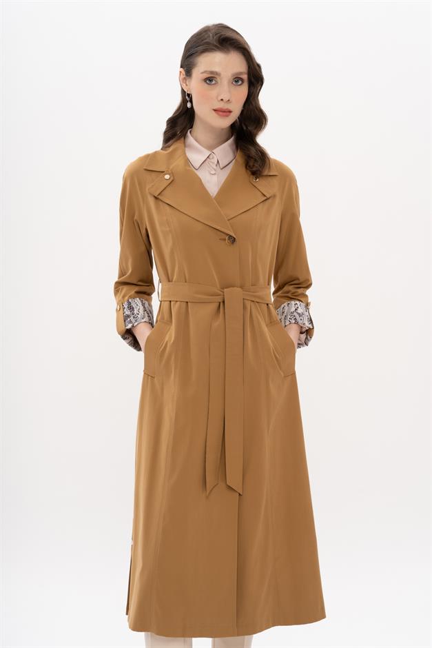 Half-Lined Trench Coat with Leopard Pattern Detail CAMEL 6713