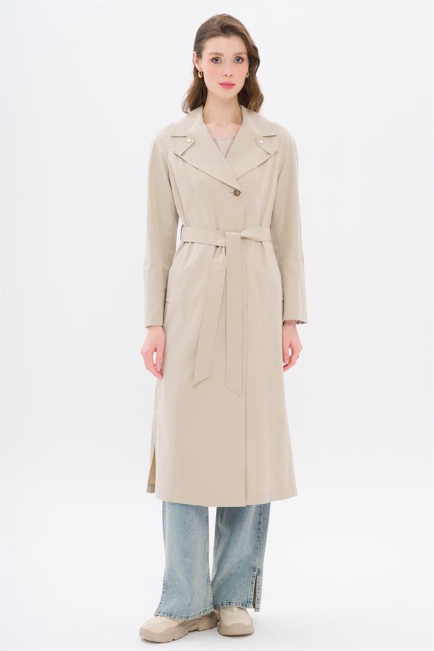 Half-Lined Trench Coat with Leopard Pattern Detail STONE 6713