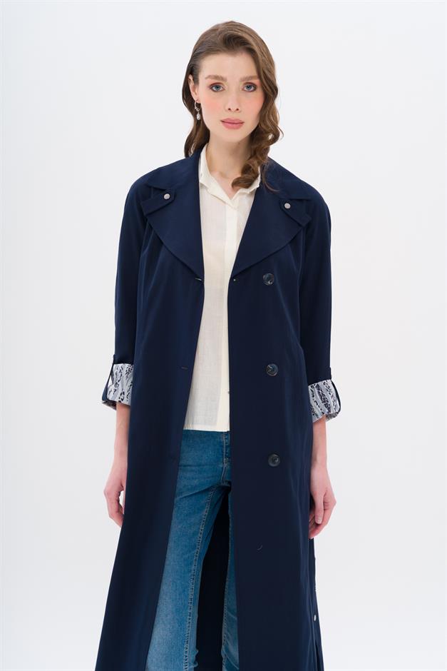 Half-Lined Trench Coat with Leopard Pattern Detail NAVY 6713