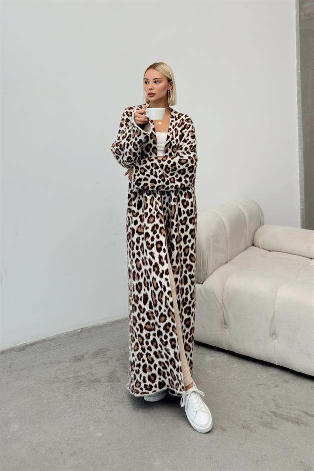 Leopard Patterned Long Knit Cardigan IVORY 8241