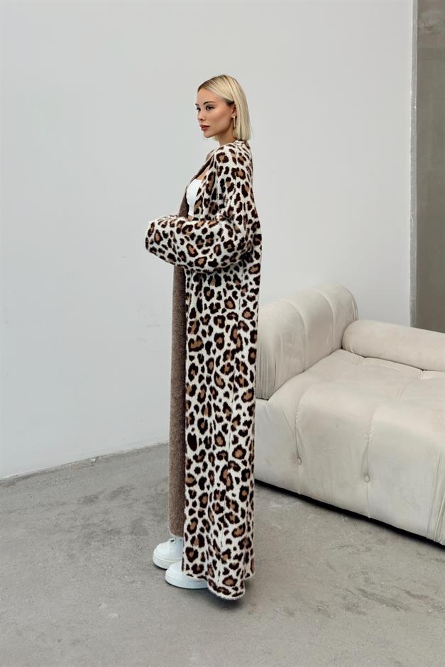 Leopard Patterned Long Knit Cardigan IVORY 8241