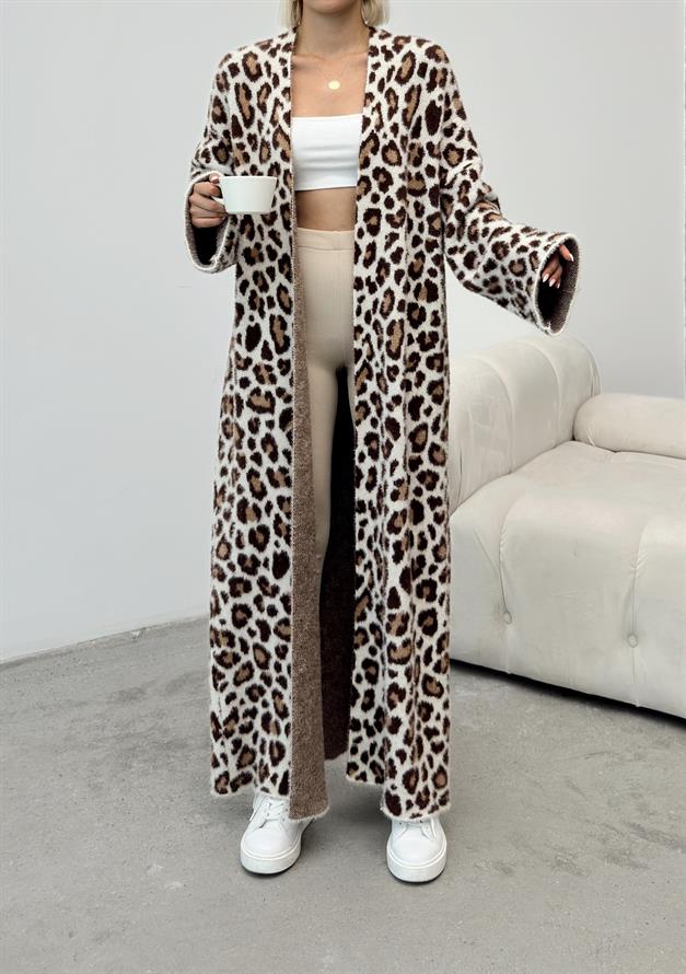 Leopard Patterned Long Knit Cardigan IVORY 8241