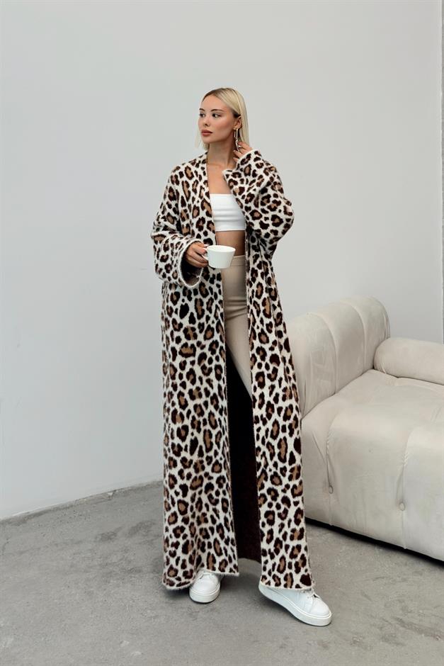 Leopard Patterned Long Knit Cardigan IVORY 8241