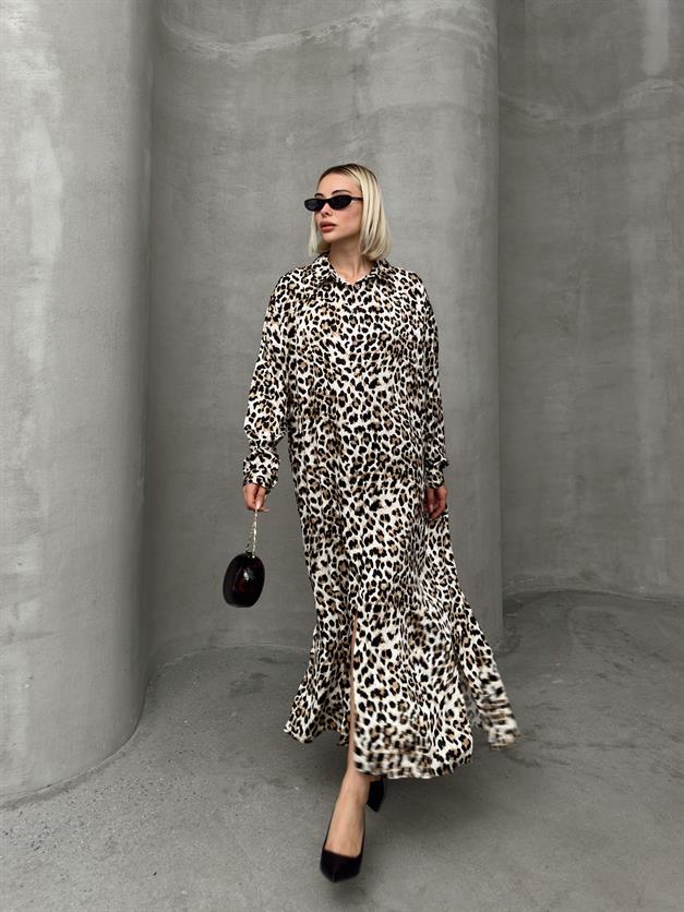 Leopard Print Side Slit Oversize Dress COFFEE 9262-E