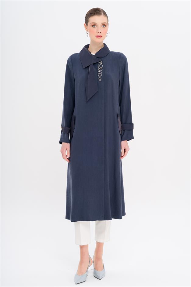 Narrow Detailed Handkerchief Collar Unlined Modal Cape NAVY 6750