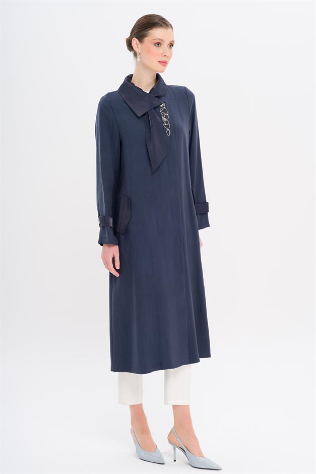 Narrow Detailed Handkerchief Collar Unlined Modal Cape NAVY 6750