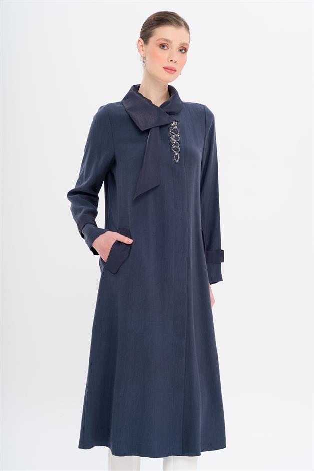 Narrow Detailed Handkerchief Collar Unlined Modal Cape NAVY 6750