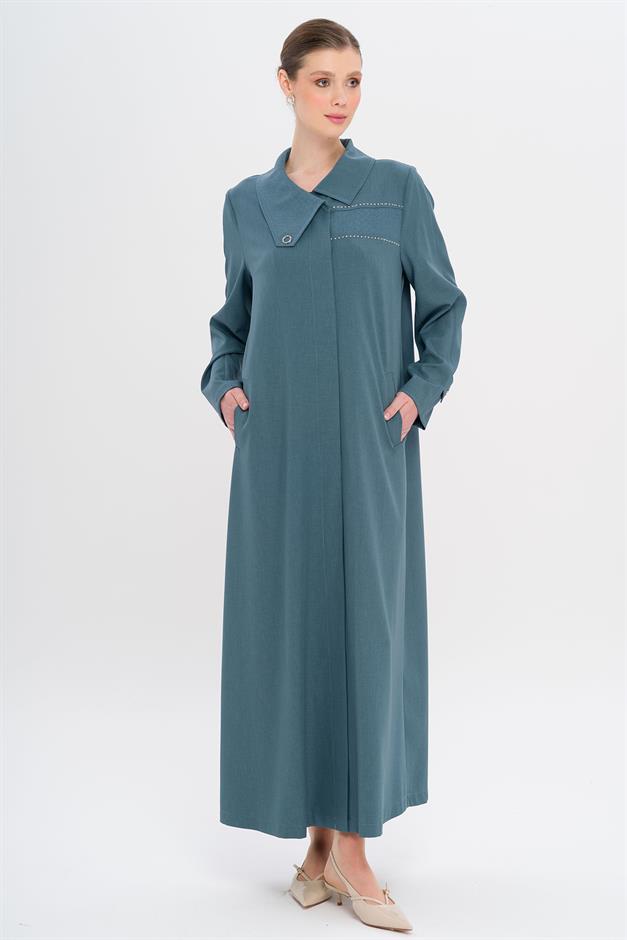 Mendil Yaka Desen ve Taş Detaylı Astarsız Büyük Beden Pardesü MİNT 6714