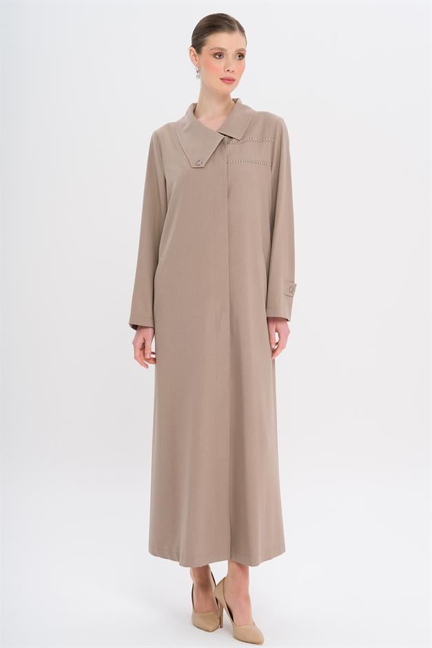 Mendil Yaka Desen ve Taş Detaylı Astarsız Büyük Beden Pardesü VİZON 6714