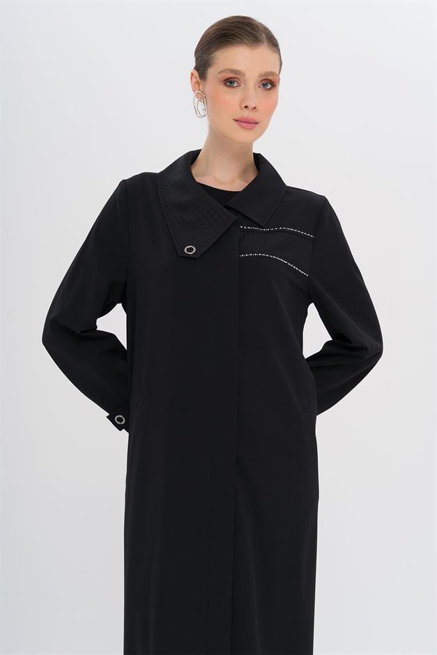 Mendil Yaka Desen ve Taş Detaylı Astarsız Büyük Beden Pardesü SİYAH 6714