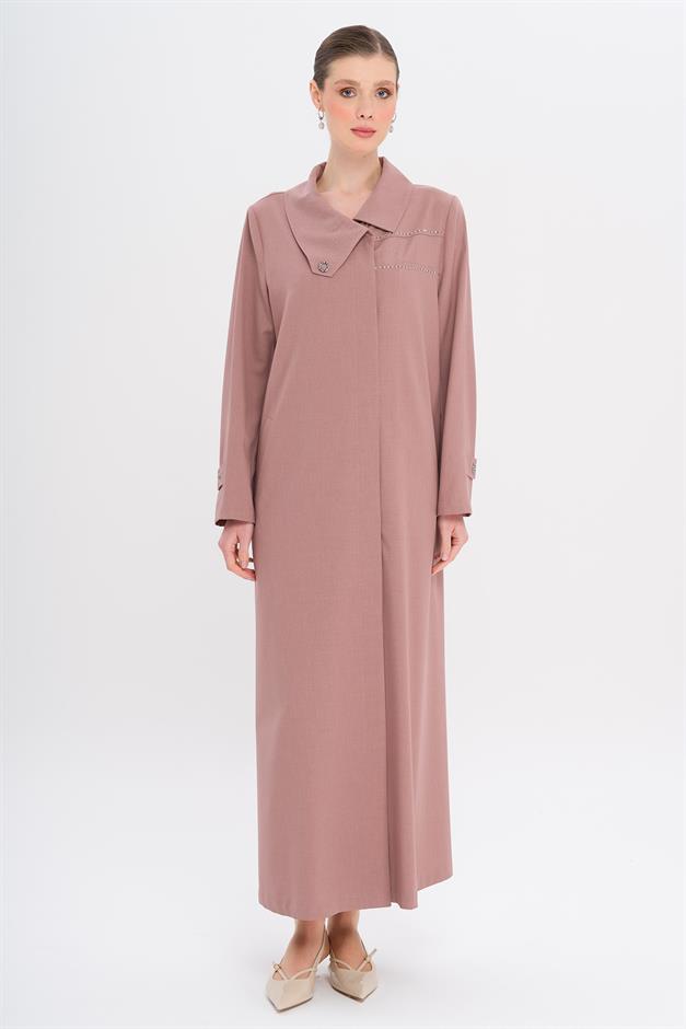 Mendil Yaka Desen ve Taş Detaylı Astarsız Büyük Beden Pardesü GÜL KURUSU 6714