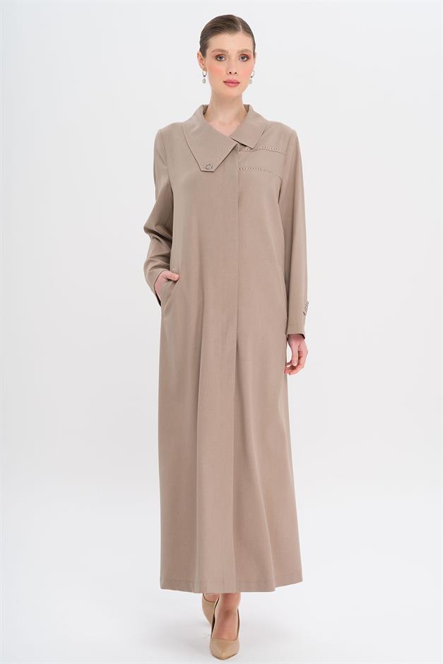 Mendil Yaka Desen ve Taş Detaylı Astarsız Büyük Beden Pardesü VİZON 6714