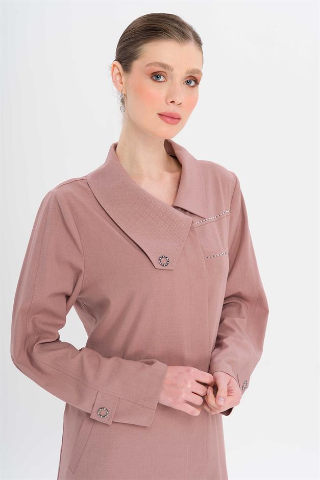 Mendil Yaka Desen ve Taş Detaylı Astarsız Büyük Beden Pardesü GÜL KURUSU 6714