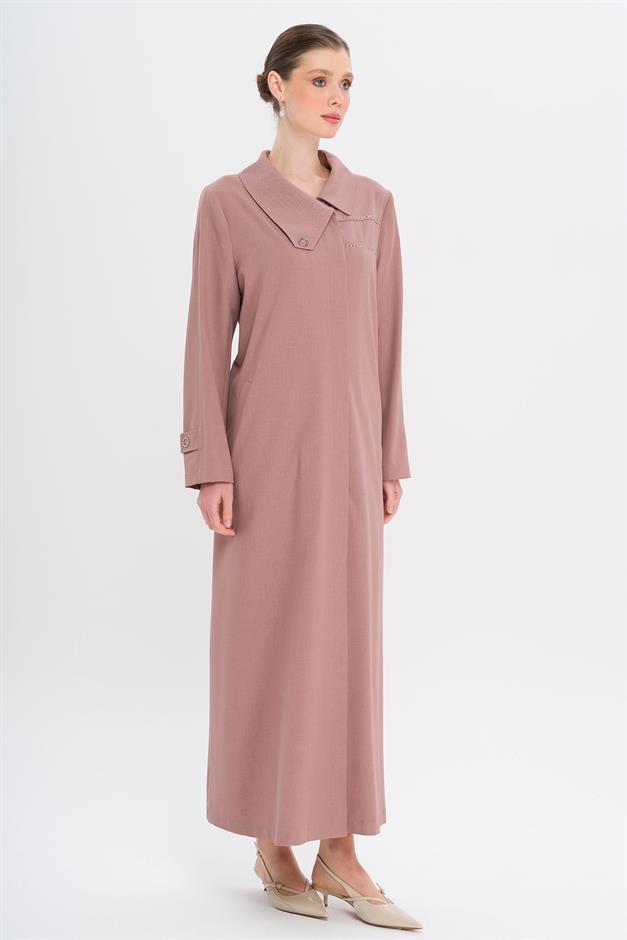 Mendil Yaka Desen ve Taş Detaylı Astarsız Büyük Beden Pardesü GÜL KURUSU 6714