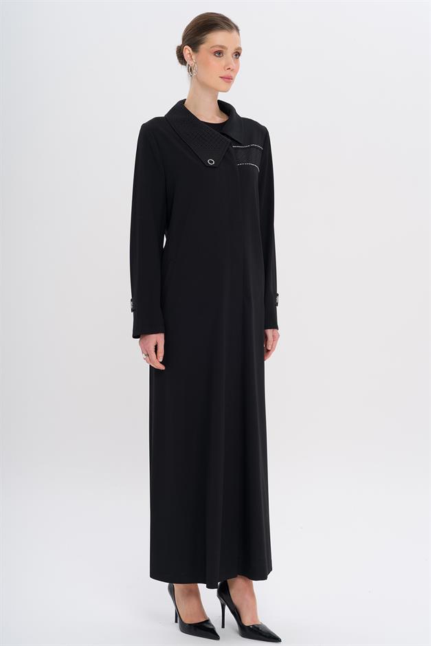 Mendil Yaka Desen ve Taş Detaylı Astarsız Büyük Beden Pardesü SİYAH 6714