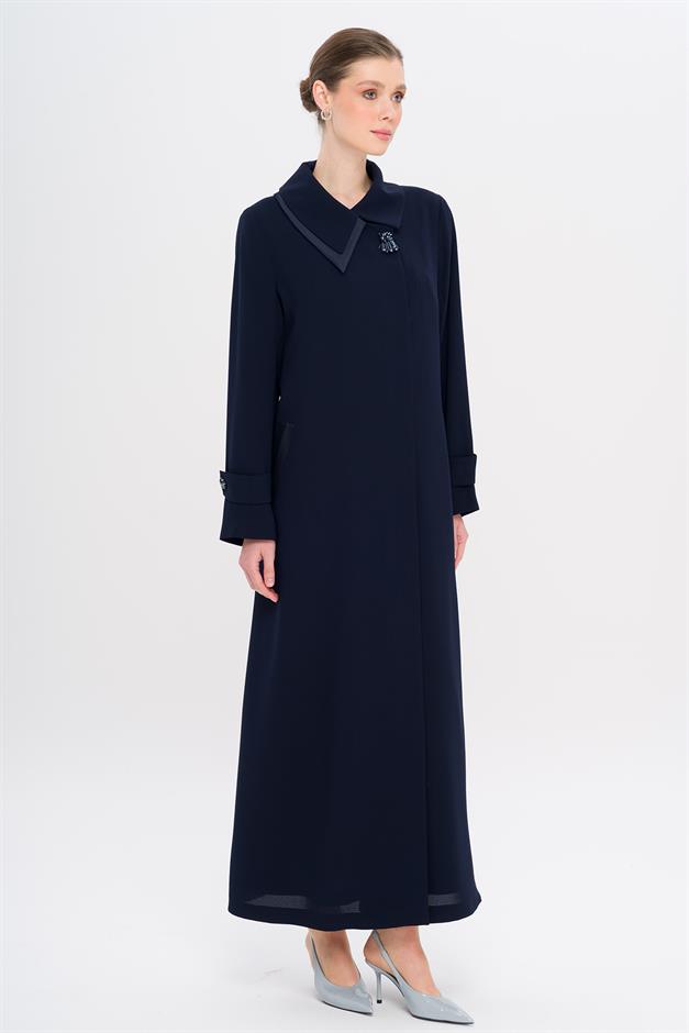 Mendil Yaka Düğmesi Taşlı Saten Detaylı Astarlı Büyük Beden Pardesü LACİVERT 6723