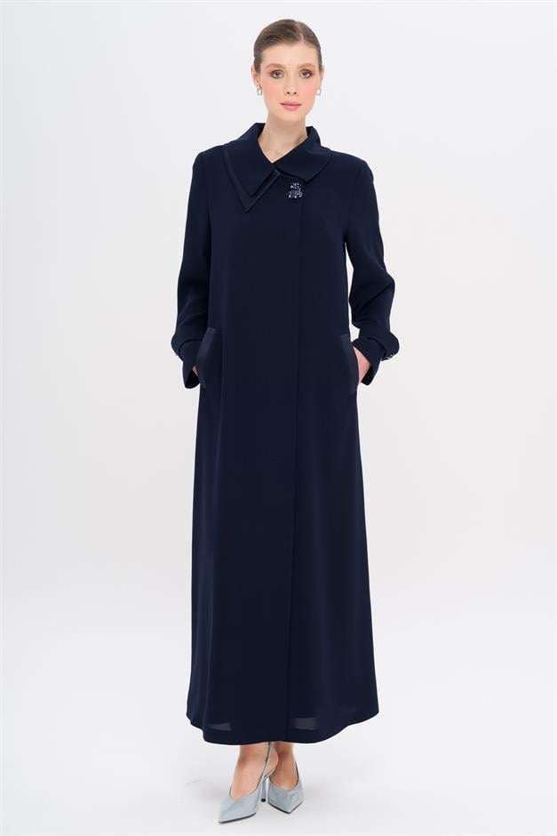 Mendil Yaka Düğmesi Taşlı Saten Detaylı Astarlı Büyük Beden Pardesü LACİVERT 6723