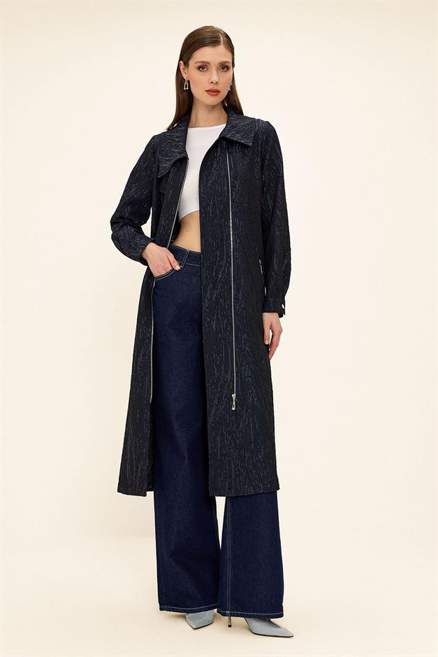 Pocket Collar Zipper Closure Glittery Jacquard Patterned Unlined Coat NAVY 6740