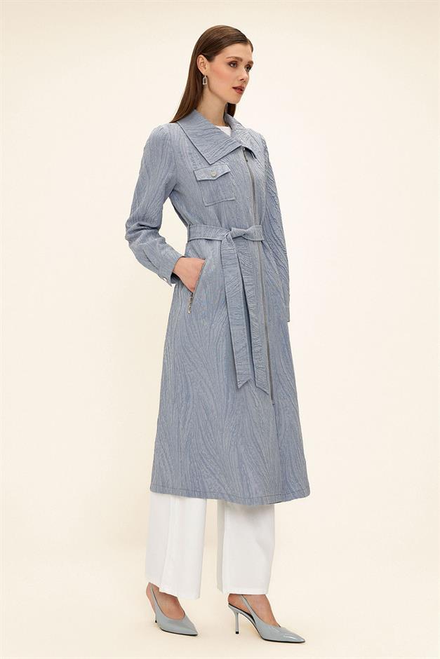Pocket Collar Zipper Closure Glittery Jacquard Patterned Unlined Coat BLUE 6740