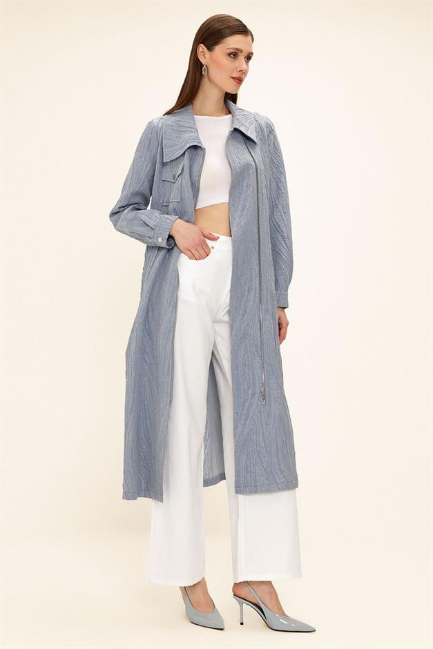 Pocket Collar Zipper Closure Glittery Jacquard Patterned Unlined Coat BLUE 6740