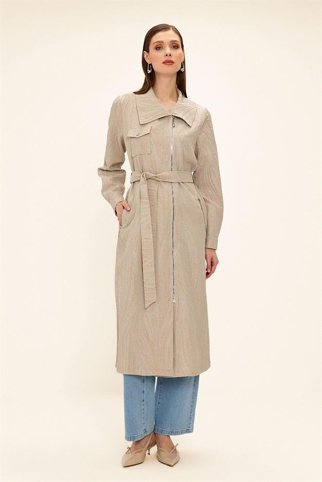 Pocket Collar Zipper Closure Glittery Jacquard Patterned Unlined Coat STONE 6740