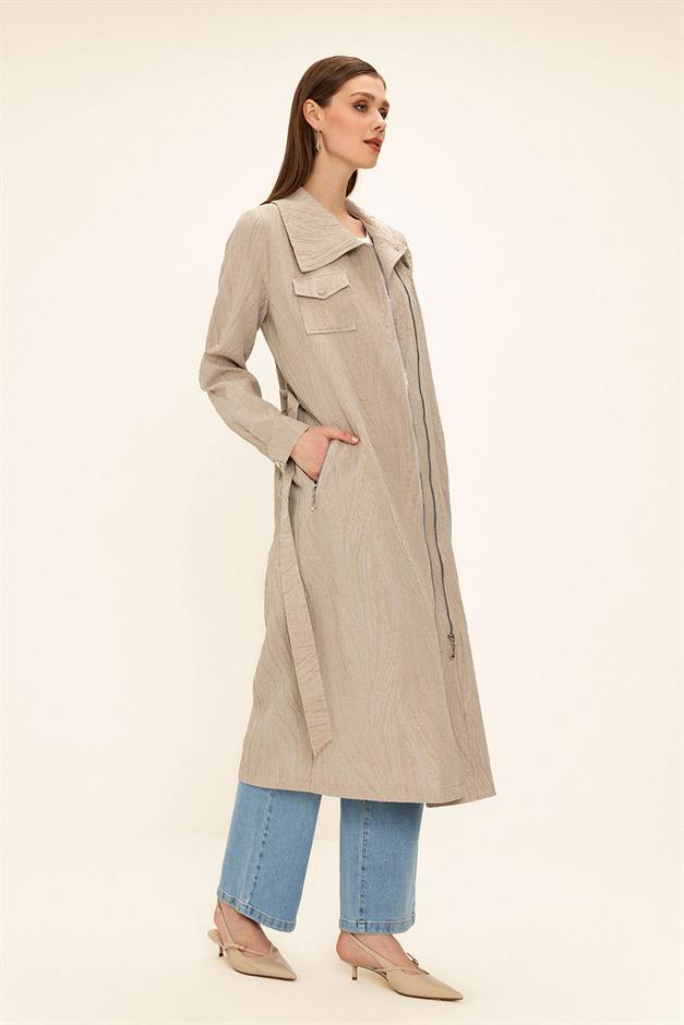 Pocket Collar Zipper Closure Glittery Jacquard Patterned Unlined Coat STONE 6740