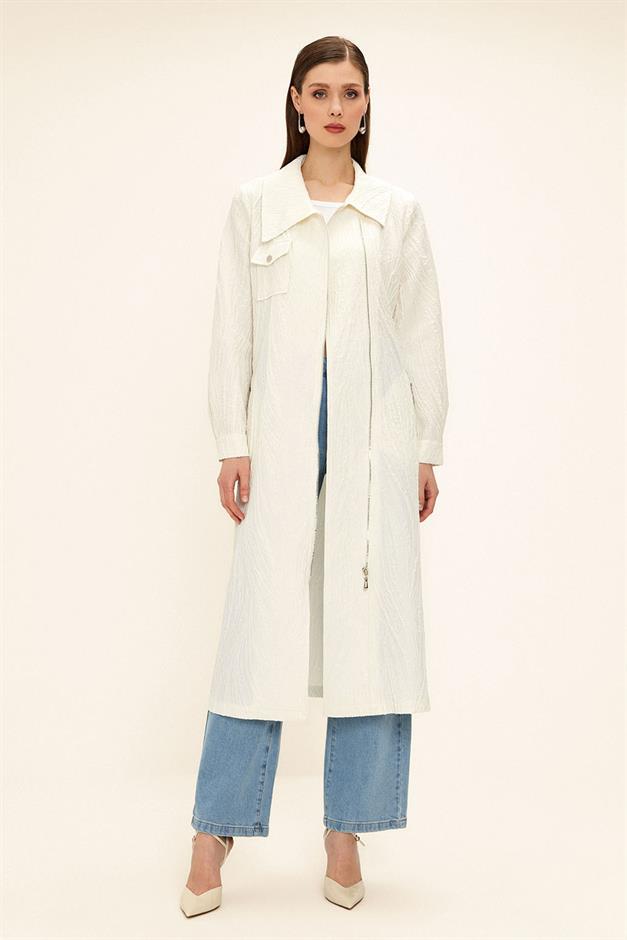 Pocket Collar Zipper Closure Glittery Jacquard Patterned Unlined Coat IVORY 6740