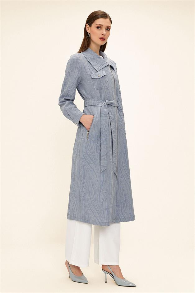 Pocket Collar Zipper Closure Glittery Jacquard Patterned Unlined Coat BLUE 6740