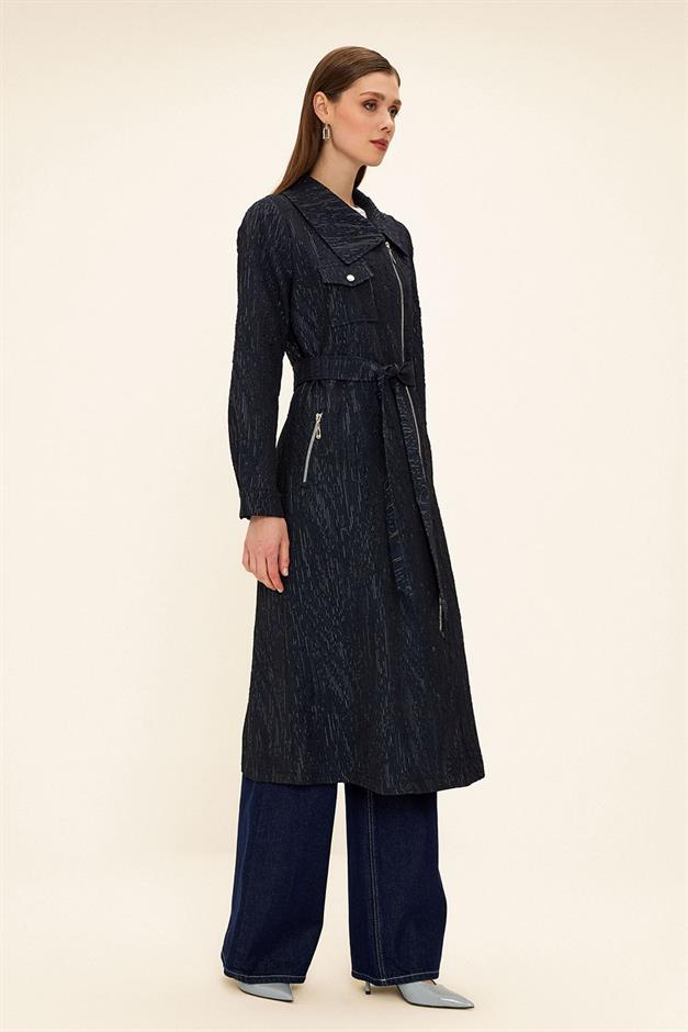 Pocket Collar Zipper Closure Glittery Jacquard Patterned Unlined Coat NAVY 6740