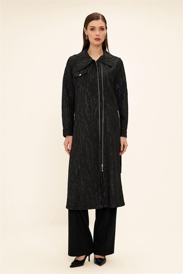 Pocket Collar Zipper Closure Glittery Jacquard Patterned Unlined Coat BLACK 6740