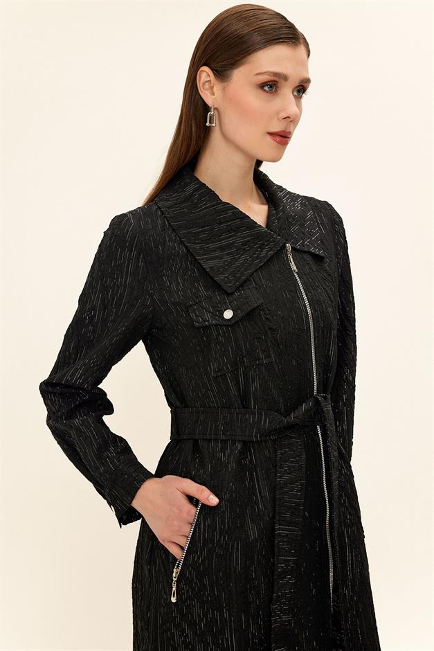 Pocket Collar Zipper Closure Glittery Jacquard Patterned Unlined Coat BLACK 6740