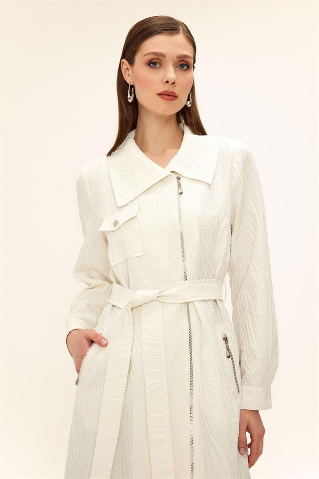 Pocket Collar Zipper Closure Glittery Jacquard Patterned Unlined Coat IVORY 6740