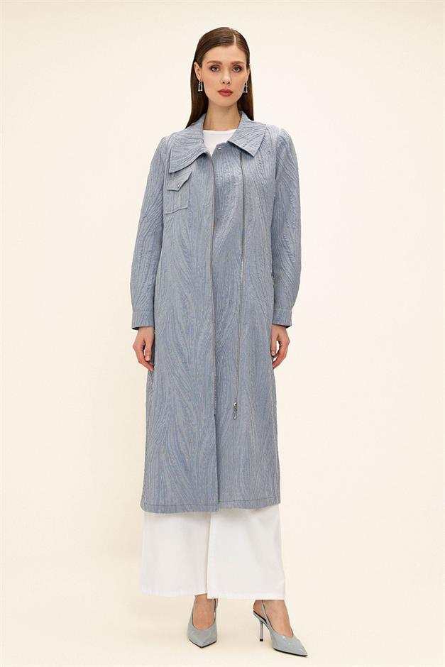 Pocket Collar Zipper Closure Glittery Jacquard Patterned Unlined Coat BLUE 6740
