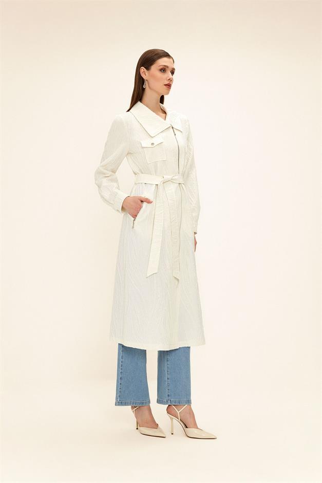 Pocket Collar Zipper Closure Glittery Jacquard Patterned Unlined Coat IVORY 6740