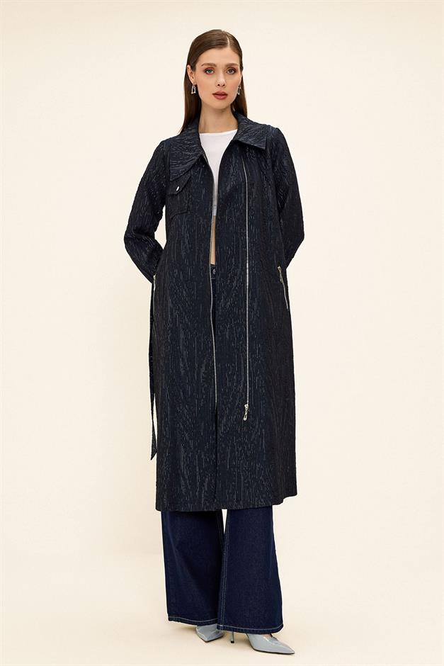 Pocket Collar Zipper Closure Glittery Jacquard Patterned Unlined Coat NAVY 6740