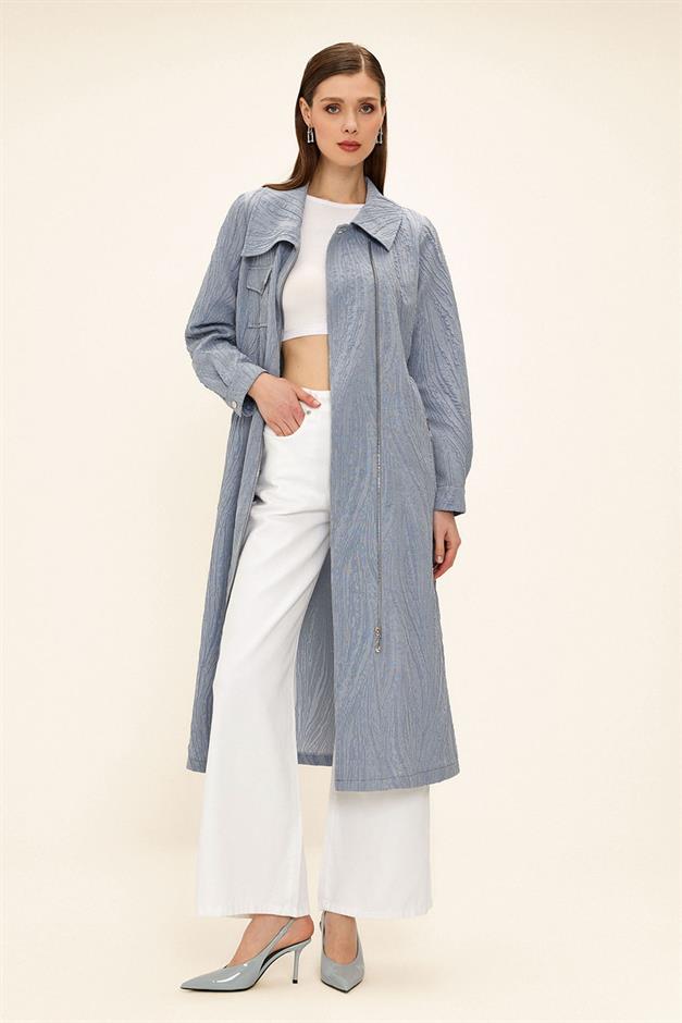 Pocket Collar Zipper Closure Glittery Jacquard Patterned Unlined Coat BLUE 6740