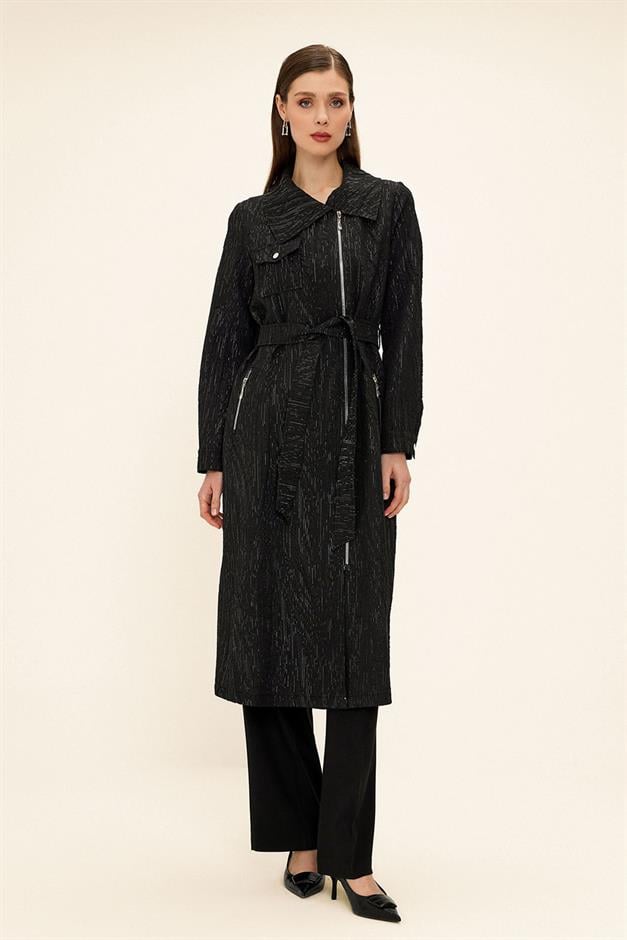 Pocket Collar Zipper Closure Glittery Jacquard Patterned Unlined Coat BLACK 6740