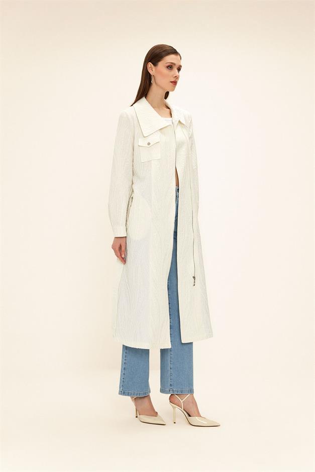 Pocket Collar Zipper Closure Glittery Jacquard Patterned Unlined Coat IVORY 6740