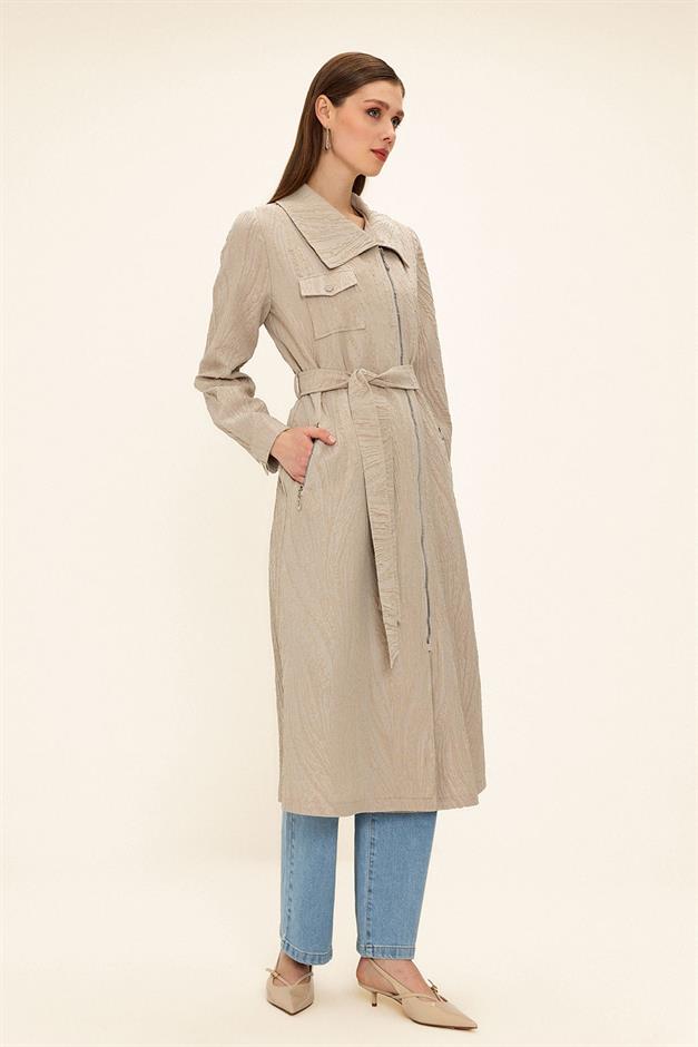 Pocket Collar Zipper Closure Glittery Jacquard Patterned Unlined Coat STONE 6740