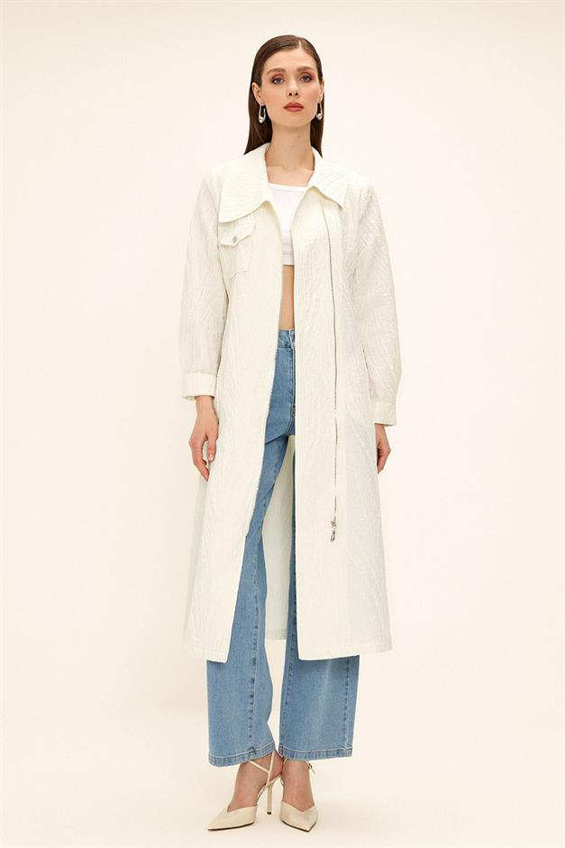 Pocket Collar Zipper Closure Glittery Jacquard Patterned Unlined Coat IVORY 6740