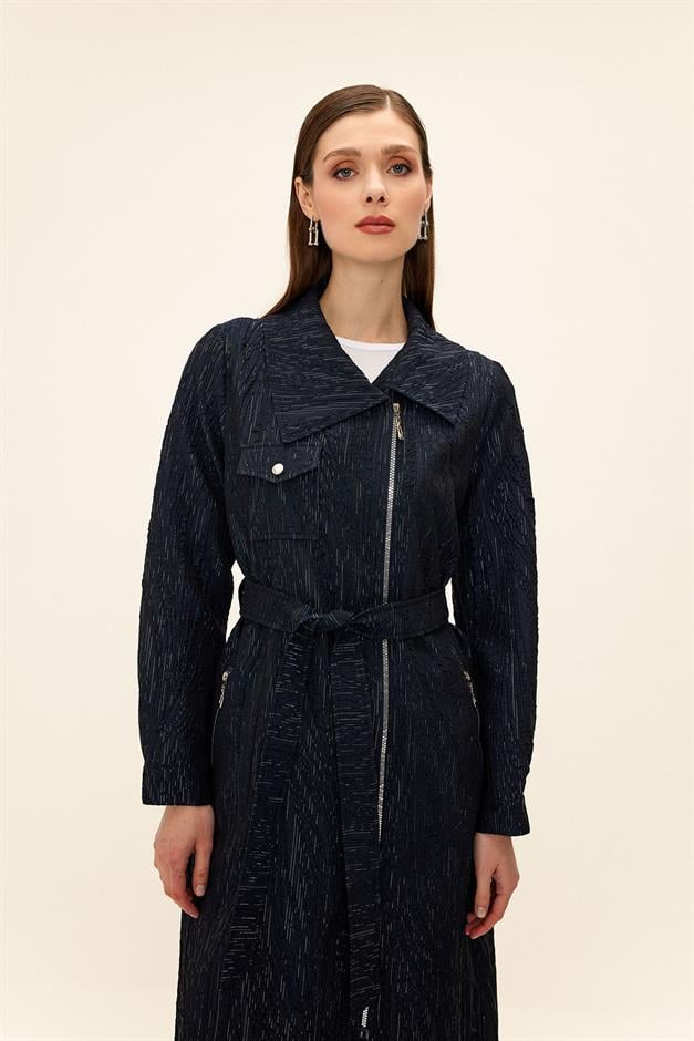 Pocket Collar Zipper Closure Glittery Jacquard Patterned Unlined Coat NAVY 6740