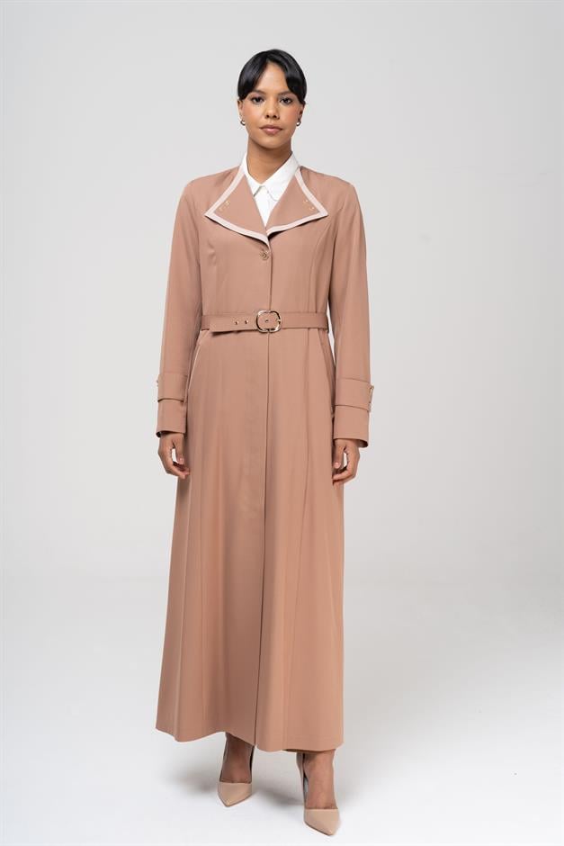 Mendil Yaka Garni ve Kemer Detaylı Astarlı Pardesü KAMEL 6549