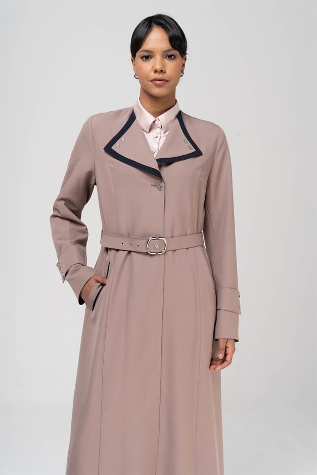 Mendil Yaka Garni ve Kemer Detaylı Astarlı Pardesü VİZON 6549