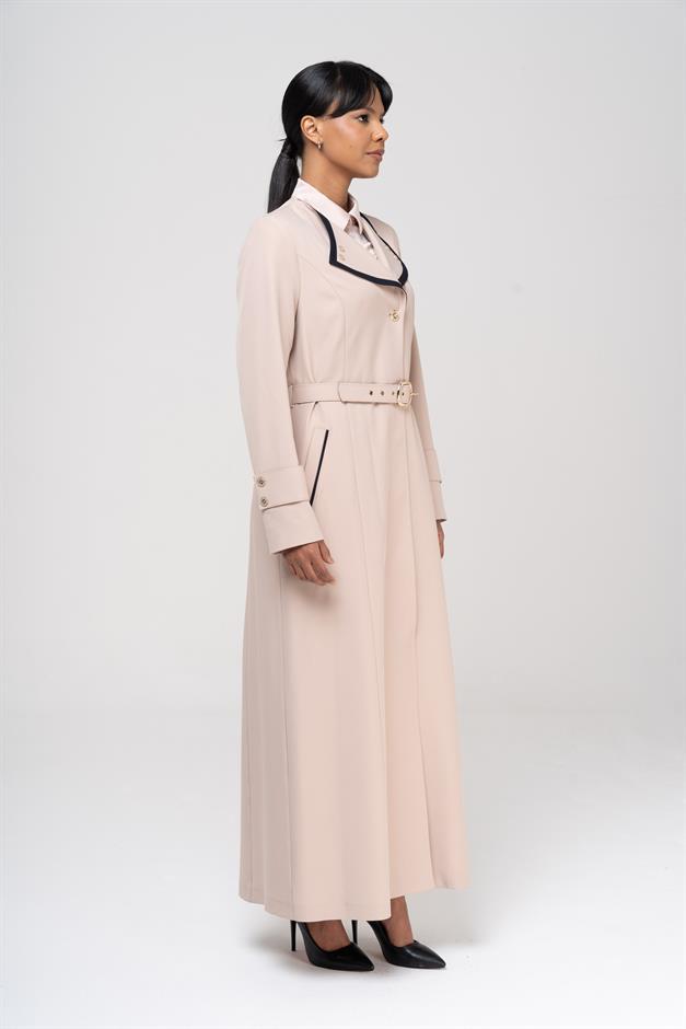 Mendil Yaka Garni ve Kemer Detaylı Astarlı Pardesü BEJ 6549