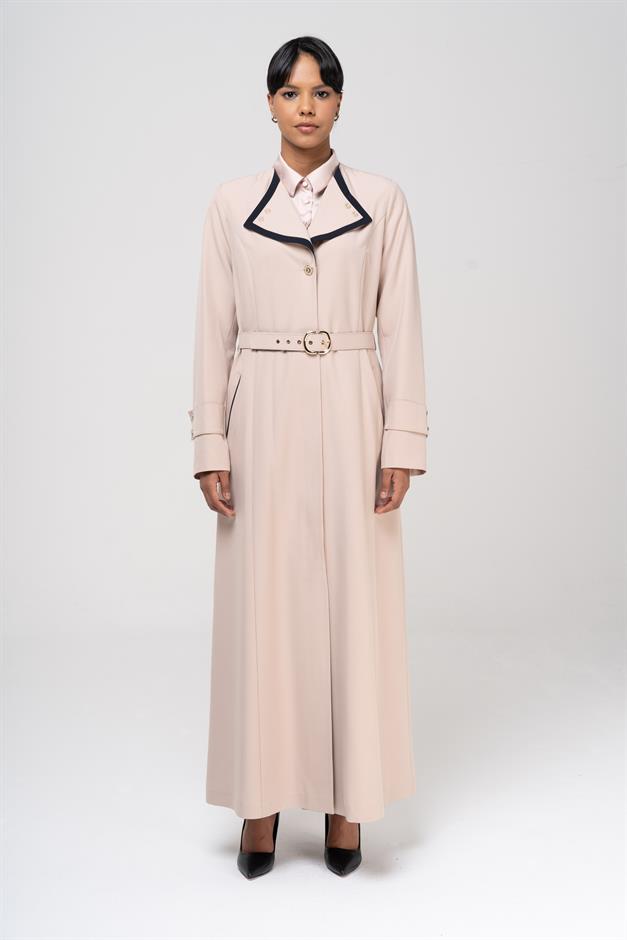 Mendil Yaka Garni ve Kemer Detaylı Astarlı Pardesü BEJ 6549